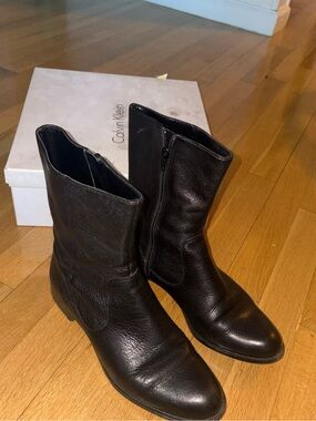 Calvin Klein Black Leather Mid-Calf Zip Ankle Boots